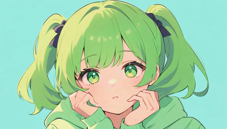 flat color, A character drawn in a manga style, 
1girl, solo, 
A girl resting her cheek on her hand, 
soft dreamy expression, 
green hair, twin tail, green eyes, 
looking at viewer, upper body, 
from below, hoodie, 
simple background, 