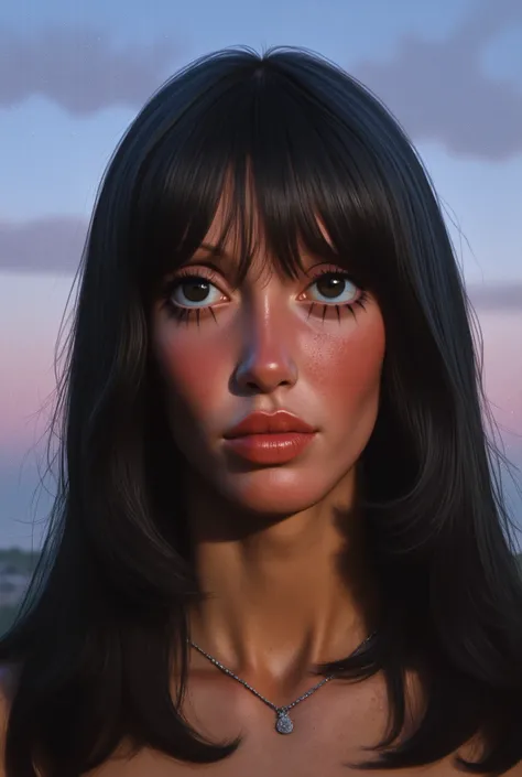 a beautiful black hair woman, with long hair, blue eyes, With a dawning sky, she is scared