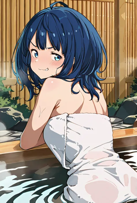 
Open air bath,onsen,
Bath towel wrap,
Looking back,
mean face,

Masterpiece, high score, great score, absurdress 1 girl, blush, hair with water on it, anna-default, yanami anna,blue eyes,blue hair,medium hair,steam, F/1.8