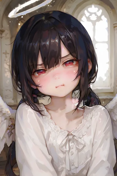 masterpiece, best quality, Detailed Eyes, girl, fantasy, kawaii, tsundere, red eye, low twintail black hair, s, young face, clumsy, cute face, semi realistic, 8k, white blouse, pout, naughty, white angel wings, white halo, solo charactor, looking at viewer