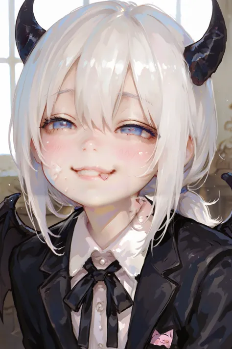 masterpiece, best quality, Detailed Eyes, boy, fantasy, kawaii, coward, blue eye, low ponytail white hair, younger brother, young face, clumsy, cute face, girly face, semi realistic, 8k, black suit, smile, black devil wings, black tiny devil horns, solo ch...