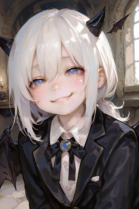 masterpiece, best quality, Detailed Eyes, boy, fantasy, kawaii, coward, blue eye, low ponytail white hair, younger brother, young face, clumsy, cute face, girly face, semi realistic, 8k, black suit, smile, black devil wings, black tiny devil horns, solo ch...