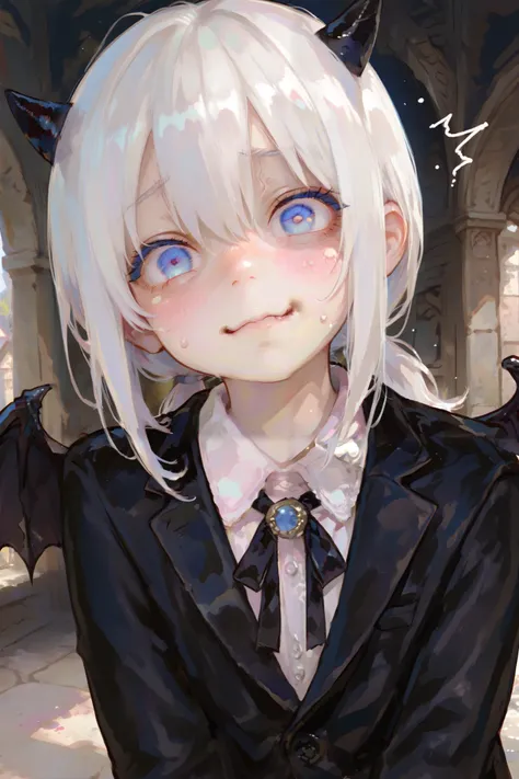 masterpiece, best quality, Detailed Eyes, boy, fantasy, kawaii, coward, blue eye, low ponytail white hair, younger brother, young face, clumsy, cute face, girly face, semi realistic, 8k, black suit, nervous face, surprised, black devil wings, black tiny de...