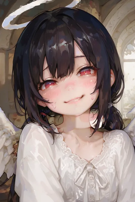 masterpiece, best quality, Detailed Eyes, girl, fantasy, kawaii, tsundere, red eye, low twintail black hair, young face, clumsy, cute face, semi realistic, 8k, white blouse, smile, naughty, white angel wings, white halo, solo charactor, looking at viewer, ...