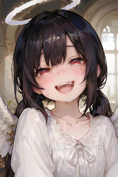 masterpiece, best quality, Detailed Eyes, girl, fantasy, kawaii, tsundere, red eye, low twintail black hair, young face, clumsy, cute face, semi realistic, 8k, white blouse, smile, naughty, white angel wings, white halo, solo charactor, looking at viewer, ...