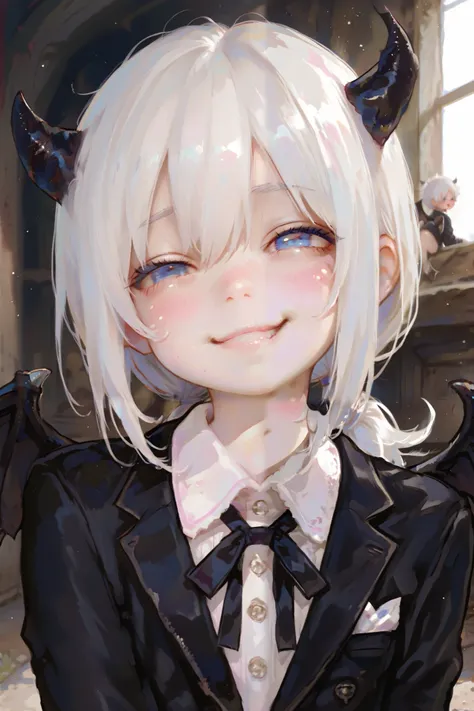 masterpiece, best quality, Detailed Eyes, boy, fantasy, kawaii, coward, blue eye, low ponytail white hair, younger brother, young face, clumsy, cute face, girly face, semi realistic, 8k, black suit, smile, black devil wings, black tiny devil horns, solo ch...
