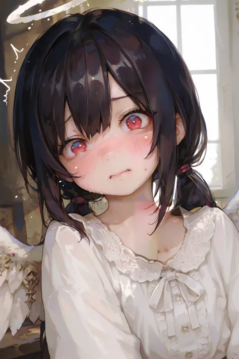 masterpiece, best quality, Detailed Eyes, girl, fantasy, kawaii, tsundere, red eye, low twintail black hair, young face, clumsy, cute face, semi realistic, 8k, white blouse, embarrassed, surprised, naughty, white angel wings, white halo, solo charactor, lo...