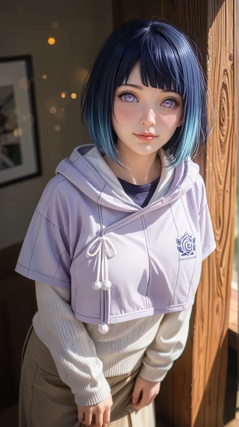 A hyper-realistic high-angle photograph of Hinata Hyuga leaning shyly against a wooden wall, her iconic lavender and white hoodie perfectly textured, delicate blush on her cheeks, pale lavender Byakugan eyes reflecting soft light, silky dark indigo-blue ha...
