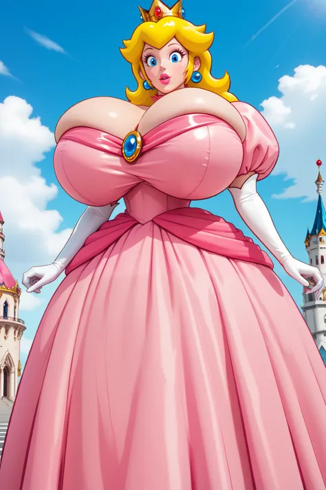 1girl, Princess Peach, from below, (towering over viewer:1.3), (gigantic breasts:1.4), standing over viewer, looking down at viewer, beautiful light pink gown with hip swags and opaque puffy sleeves, white satin elbow length gloves, makeup, blonde hair, cr...