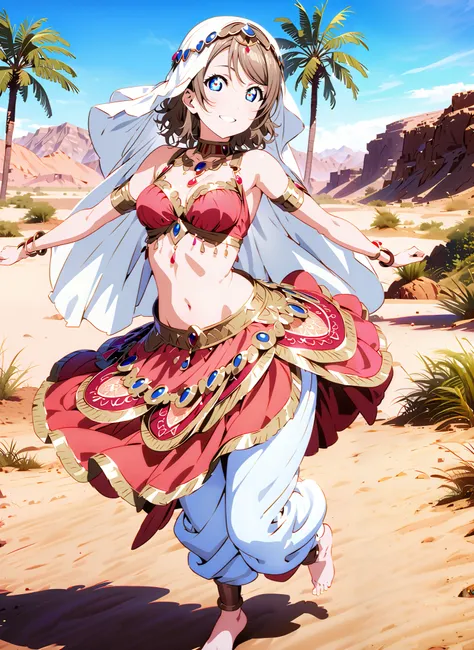 Watanabe, short hair, Hair, blue eyes,Medium breast,smile,cover, grin ,,Harem outfit, White Veil, Arabian clothing,  collar , Mousebale, circlet , harem pants, bare feet,gold trim,  dancer , dancing,Palm Trees,Glowing Skin,full bodyがillustrationsに入るように,bre...