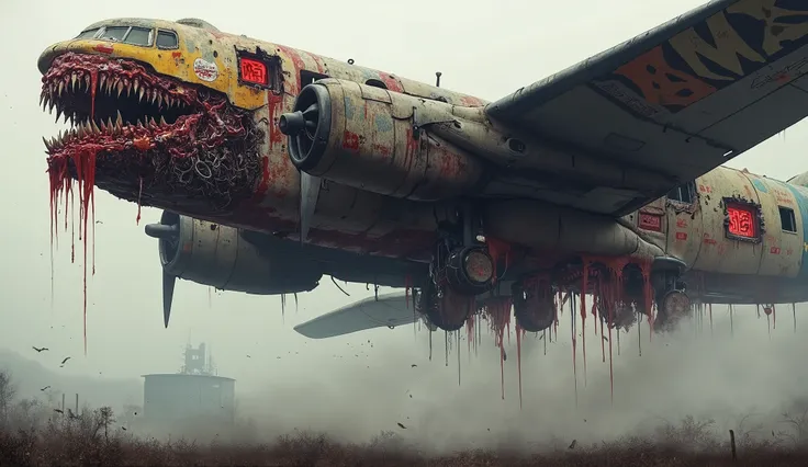 (((full body))) A massive, mutated WWII bomber aircraft flying in full body, with rusted metal plating, exposed inner flesh, glowing biomechanical engine components, sharp metallic teeth forming a grotesque mouth under the nose, blood-stained fuselage pane...