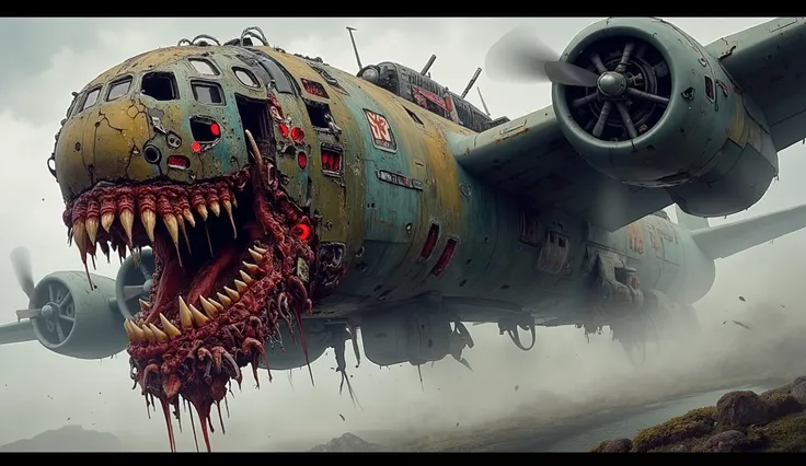(((full body))) A massive, mutated WWII bomber aircraft flying in full body, with rusted metal plating, exposed inner flesh, glowing biomechanical engine components, sharp metallic teeth forming a grotesque mouth under the nose, blood-stained fuselage pane...