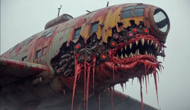 A massive, mutated WWII bomber aircraft flying, with rusted metal plating, exposed inner flesh, glowing biomechanical engine components, sharp metallic teeth forming a grotesque mouth under the nose, blood-stained fuselage panels, pulsing red lights inside...