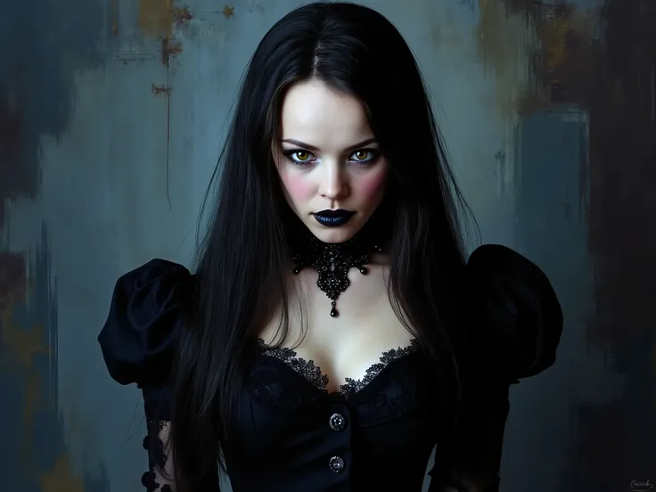 An extremely detailed an enigmatic young woman in her late s portrayed by a young Dominique Ruiz with pale skin black hair and amber eyes wearing a Victorian era gown and corset and gothic makeup with a look on her face that is somewhere between inviting a...