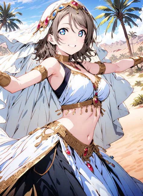 Watanabe, short hair, Hair, blue eyes,Medium breast,smile,cover, grin ,,Harem outfit, White Veil, Arabian clothing, collar , Mousebale, circlet , harem pants, bare feet,gold trim, dancer , dancing,is standing,Palm Trees,Glowing Skin,full bodyがillustratio...