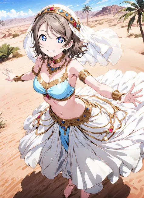 Watanabe, short hair, Hair, blue eyes,Medium breast,smile,cover, grin ,,Harem outfit, White Veil, Arabian clothing, collar , Mousebale, circlet , harem pants, bare feet,gold trim, dancer , dancing,is standing,Palm Trees,Glowing Skin,full bodyがillustratio...