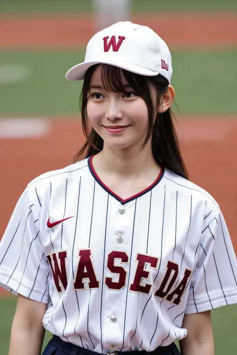 The high resolution photograph of a Japanese young women, photo-realistic, masterpiece, best quality, intricate details, extremely detailed, sharp focus, professional lighting, fashion shoot, portrait, solo, 1girl, standing, wearing a solid white baseball ...