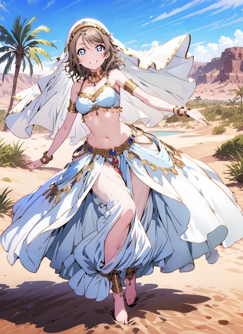 Watanabe, short hair, Hair, blue eyes,Medium breast,smile,cover, grin ,,Harem outfit, White Veil, Arabian clothing, collar , Mousebale, circlet , harem pants, bare feet,gold trim, dancer , dancing,is standing,Palm Trees,Glowing Skin,full bodyがillustratio...