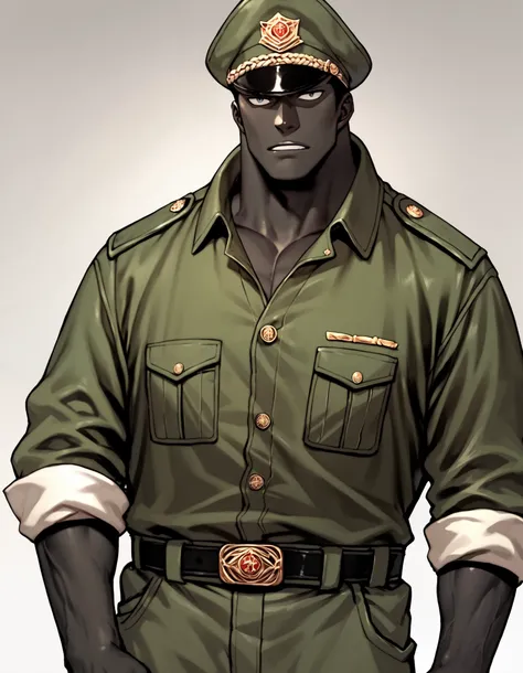 Solo, male, muscular charatcer, dressed in military outfit, outfit is white and blue, military cap, black hair, black skin, rolled up sleeves.