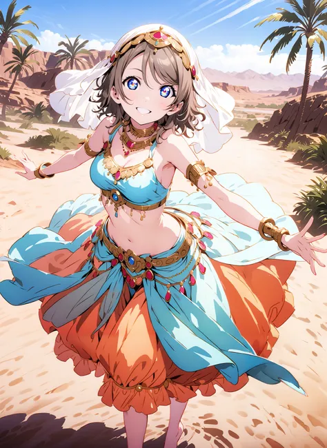 Watanabe, short hair, Hair, blue eyes,Medium breast,smile,cover, grin ,,Harem outfit, White Veil, Arabian clothing, collar , Mousebale, circlet , harem pants, bare feet,gold trim, dancer , dancing,is standing,Palm Trees,Glowing Skin,full bodyがillustratio...