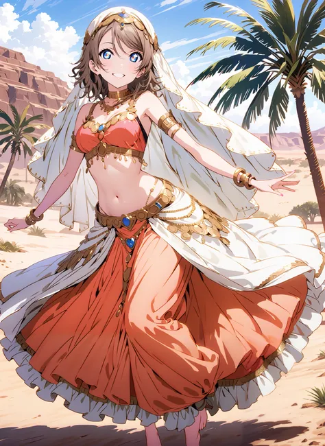 Watanabe, short hair, Hair, blue eyes,Medium breast,smile,cover, grin ,,Harem outfit, White Veil, Arabian clothing,  collar , Mousebale, circlet , harem pants, bare feet,gold trim,  dancer , dancing,is standing,Palm Trees,Glowing Skin,full bodyがillustratio...