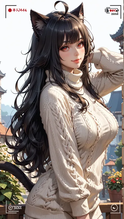Masterpiece, better quality, amazing quality,
a girl, Alone , looking at the viewer, blushed, white background, mature girl,side view, Light smile background, seductive,
((cat girl, cat black ears)), (red eyes), (long hair), (( black hair, (Ahoge), straig...