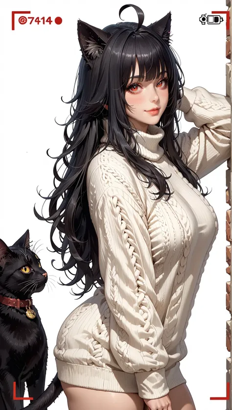 Masterpiece, better quality, amazing quality,
a girl, Alone , looking at the viewer, blushed, white background, mature girl,side view, Light smile background, seductive,
((cat girl, cat black ears)), (red eyes), (long hair), (( black hair, (Ahoge), straig...