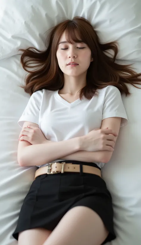 A pretty Japanese woman is laying unconscious on the bed, eyes close, very bright white skin, brown spread hair, natural bang, wearing a university uniform, light brown belt, black tight short skirt, eye close, photorealistic, hyperrealism, whole body from...