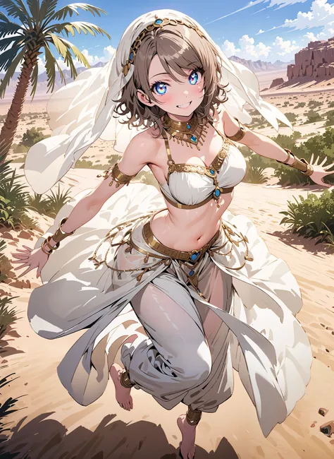 Watanabe, short hair, Hair, blue eyes,Medium breast,smile,cover, grin ,,Harem outfit, White Veil, Arabian clothing,  collar , Mousebale, circlet , harem pants, bare feet,gold trim,  dancer , dancing,is standing,Palm Trees,Glowing Skin,full bodyがillustratio...