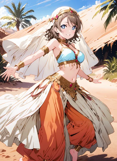 Watanabe, short hair, Hair, blue eyes,Medium breast,smile,cover, grin ,,Harem outfit, White Veil, Arabian clothing, collar , Mousebale, circlet , harem pants, bare feet,gold trim, dancer , dancing,is standing,Palm Trees,Glowing Skin,full bodyがillustratio...
