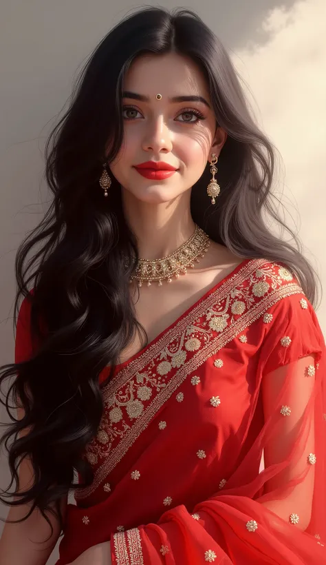 Digital painting,A stunning beautiful indian girl,pinkish white skin,glossy,wearing intricate red sari,long black hair,Desi Heavy embroidered bridal dress ,soft light,light bokeh background,white fog,front view,sparkling,dreamy,full body