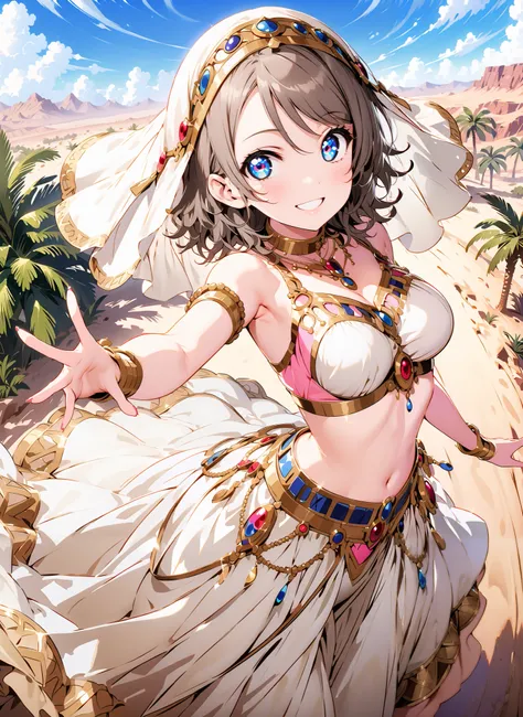 Watanabe, short hair, Hair, blue eyes,Medium breast,smile,cover, grin ,,Harem outfit, White Veil, Arabian clothing, collar , Mousebale, circlet , harem pants, bare feet,gold trim, dancer , dancing,is standing,Palm Trees,Glowing Skin,full bodyがillustratio...