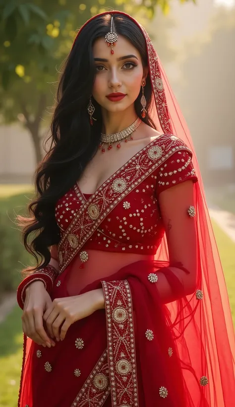 Digital painting,A stunning beautiful indian girl,pinkish white skin,glossy,wearing intricate red sari,long black hair,Desi Heavy embroidered bridal lahnga choli bra decorated red lahnga choli diamond pearl and rose flower work ,luxuries indian bridal dres...
