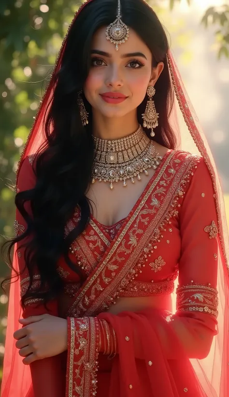 Digital painting,A stunning beautiful indian girl,pinkish white skin,glossy,wearing intricate red sari,long black hair,Desi Heavy embroidered bridal lahnga choli bra decorated red lahnga choli diamond pearl and rose flower work ,luxuries indian bridal dres...