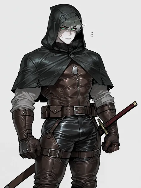 ((ratatatat74)), ((1 boy)), ((male)), ((tall)), adult, fair_skin, white_skin, athletic and muscular build, slender, short disheveled gray hair, (green_eyes), tareme, detail_eyes, black hooded cloak, sharp and defined features, focused and serious expressio...