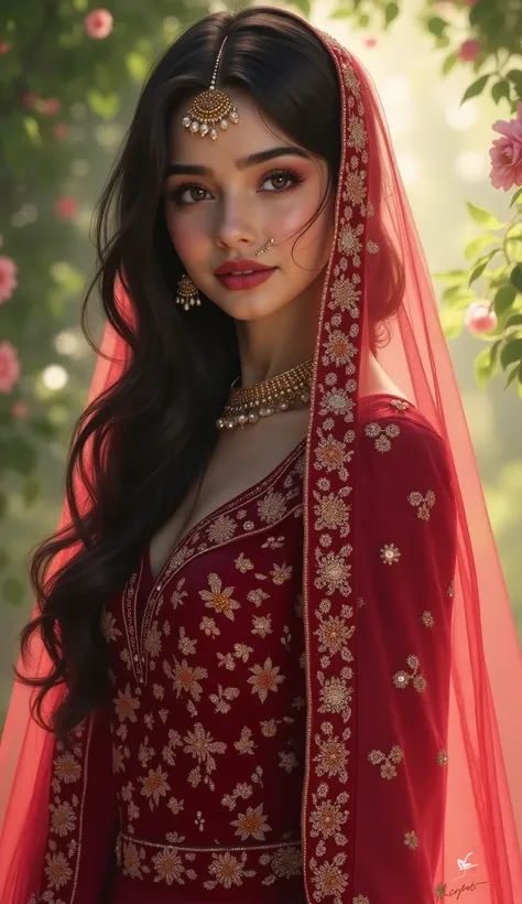 Digital painting,A stunning beautiful indian girl,pinkish white skin,glossy,long black hair,wearing maroon farshi lehnga with long length shirt for short height bride ,luxuries indian bridal dress,light flowing fabric cover her head, glittering,blink blink...