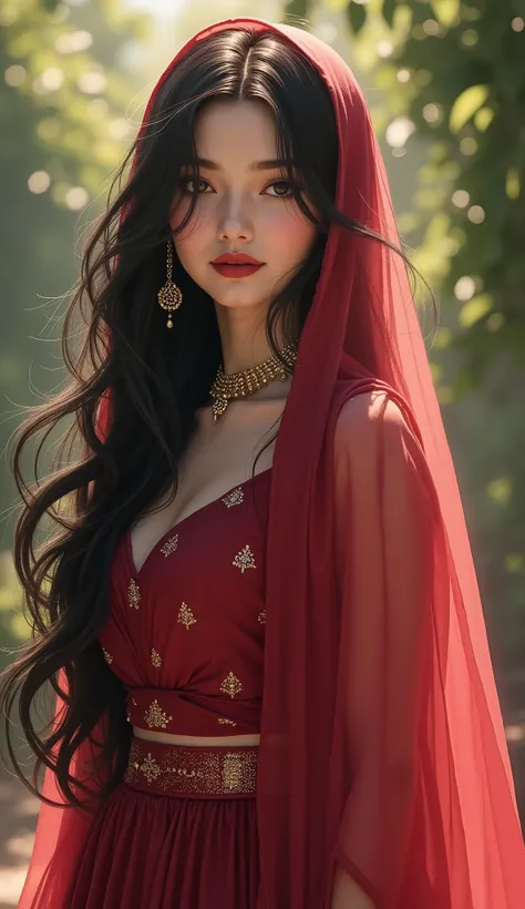 Digital painting,A stunning beautiful indian girl,pinkish white skin,glossy,long black hair,wearing maroon farshi lehnga with long length shirt for short height bride ,luxuries indian bridal dress,light flowing fabric cover her head, glittering,blink blink...