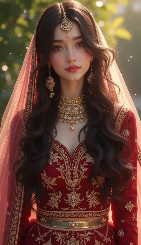 Digital painting,A stunning beautiful indian girl,pinkish white skin,glossy,long black hair,wearing maroon farshi lehnga with long length shirt for short height bride,intricate gold embroidery,luxuries indian bridal dress,light flowing fabric cover her hea...
