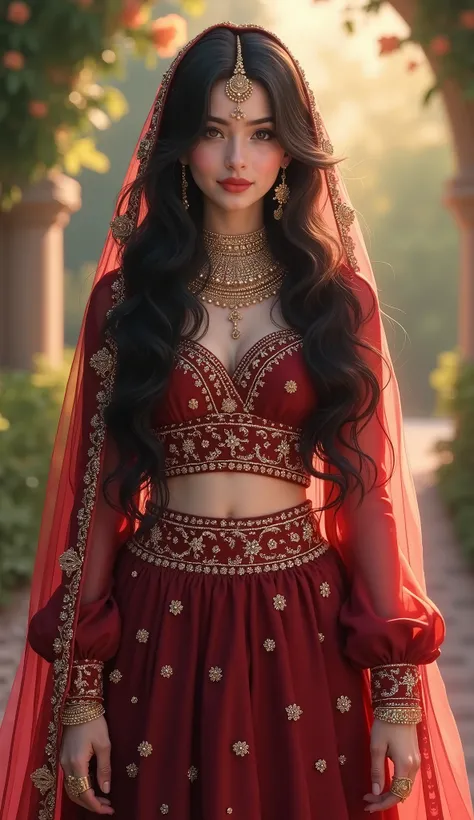 Digital painting,A stunning beautiful indian girl,pinkish white skin,glossy,long black hair,wearing maroon farshi lehnga with long length shirt for short height bride,intricate gold embroidery,luxuries indian bridal dress,light flowing fabric cover her hea...