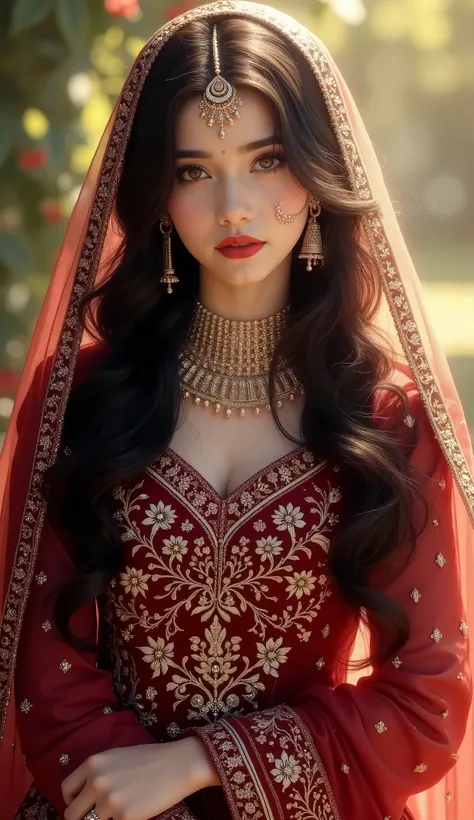 Digital painting,A stunning beautiful indian girl,pinkish white skin,glossy,long black hair,wearing maroon farshi lehnga with long length shirt for short height bride,intricate gold embroidery,luxuries indian bridal dress,light flowing fabric cover her hea...