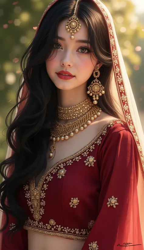 Digital painting,A stunning beautiful indian girl,pinkish white skin,glossy,long black hair,wearing maroon farshi lehnga with long length shirt for short height bride,intricate gold embroidery,luxuries indian bridal dress,light flowing fabric cover her hea...