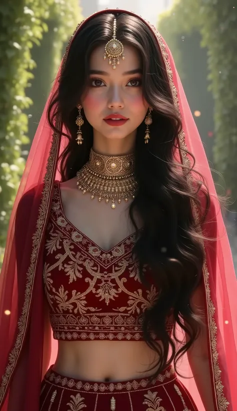 Digital painting,A stunning beautiful indian girl,pinkish white skin,glossy,long black hair,wearing maroon farshi lehnga with long length shirt for short height bride,intricate gold embroidery,luxuries indian bridal dress,light flowing fabric cover her hea...