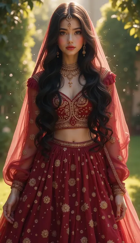 Digital painting,A stunning beautiful indian girl,pinkish white skin,glossy,long black hair,wearing maroon farshi lehnga with long length shirt for short height bride,intricate gold embroidery,luxuries indian bridal dress,light flowing fabric cover her hea...