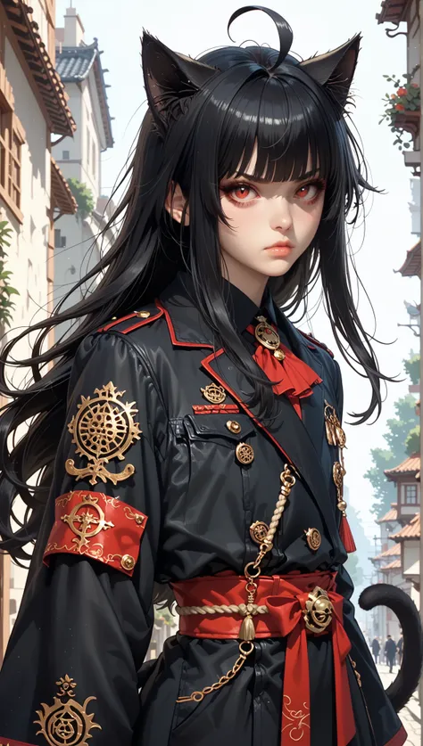 1 girl, (feminine approach), Alone , 1 girl, Ichigokurosaki , ((cat girl, cat black ears)), (red eyes), (long hair), (( black hair, (Ahoge), straight bangs,)),, (Shinigami costume), combat position, holding its sword , serious guy, The lighting is strong ...