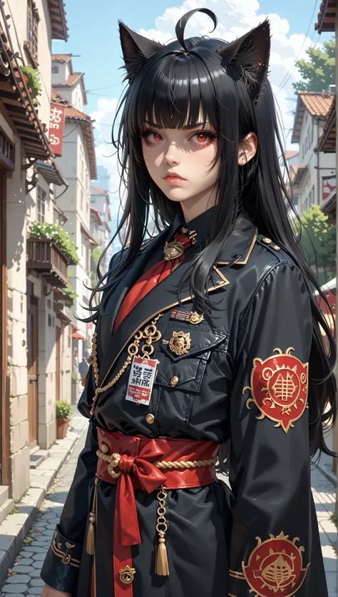 1 girl, (feminine approach), Alone , 1 girl, Ichigokurosaki , ((cat girl, cat black ears)), (red eyes), (long hair), (( black hair, (Ahoge), straight bangs,)),, (Shinigami costume), combat position, holding its sword , serious guy, The lighting is strong ...