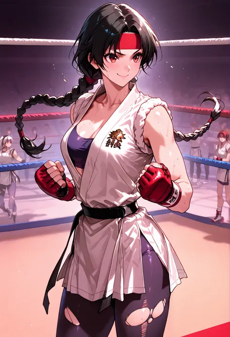 男性とfemale、kills a man with one blow、 torn clothes、Nudes、torn clothes on the floor、boxing ring、(black hair、braids)、(Black Belt、 white uniform 、Black Stockings)、(赤 headband、 headband)、smile、female、medium chest、、masterpiece, 、Martial Arts Ring、Stadium、 lots o...