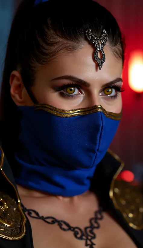 This image offers a striking close-up of Kitana, a prominent character in the Mortal Kombat series, known for her elegant fighting style and sharp steel fans. The image emphasizes her beauty and air of mystery.

Facial Features and Mask: Kitana's eyes, a w...