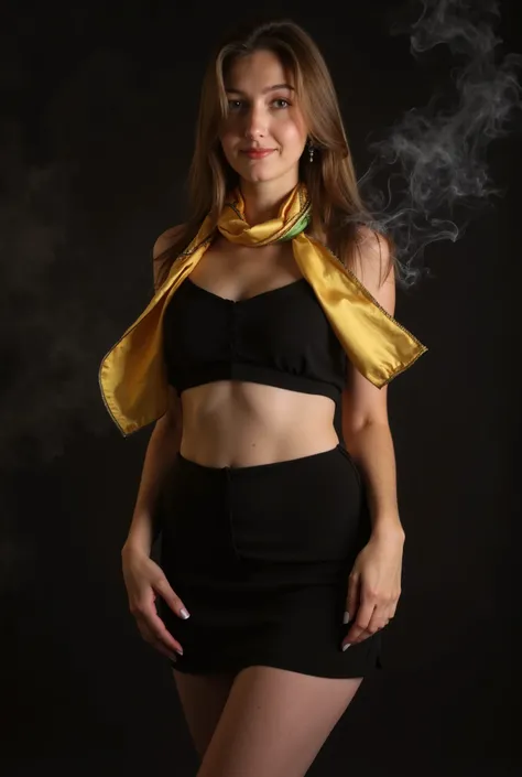  femelle adulte, flat chested, ((cuisses épaisses)) silk neck scarf gold, crop top see through, mini skirt poche, main dans les poches,Frange Droite, Cheveux Ondulés, neon noir, danse AND fire, fluide, dynamique, énergie, mouvement, son corps dégage une au...