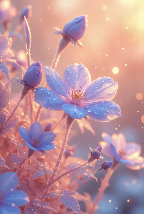 blue-violet flowers with dew drops, pink leaves and stems, frost, frosty golden ice, peach color background, glow, sun rays and glare, high detail, full detail, high resolution, glow, rendering , photorealistic, 55 mm, volumetric lighting, ray tracing, ref...