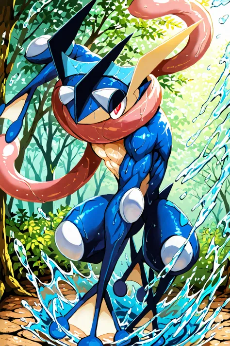 (Masterpiece:1.5), Ultra detailed, (Best quality:1.5), BREAK Greninja(Pokémon), BREAK (Muscular body:1.5), toned body, (White-blue aura enveloping the body):1.5, full body, BREAK (Water textures, Clear water), impeccable demeanor, dignified gestures, flowi...